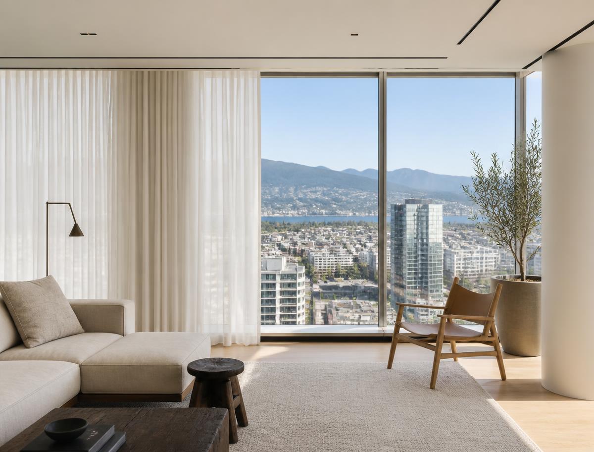 Smart Curtains Vancouver — sheer vertical drapes in a bright modern living room