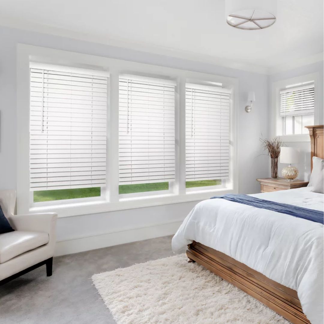 Faux wood Venetian blinds in a bright white Vancouver kitchen