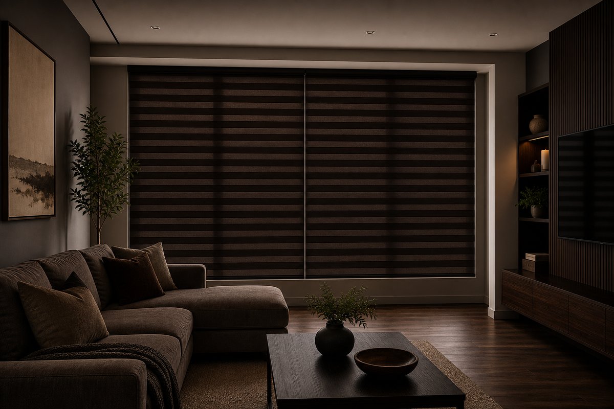 Dark zebra blinds closed in a Vancouver living room for total privacy