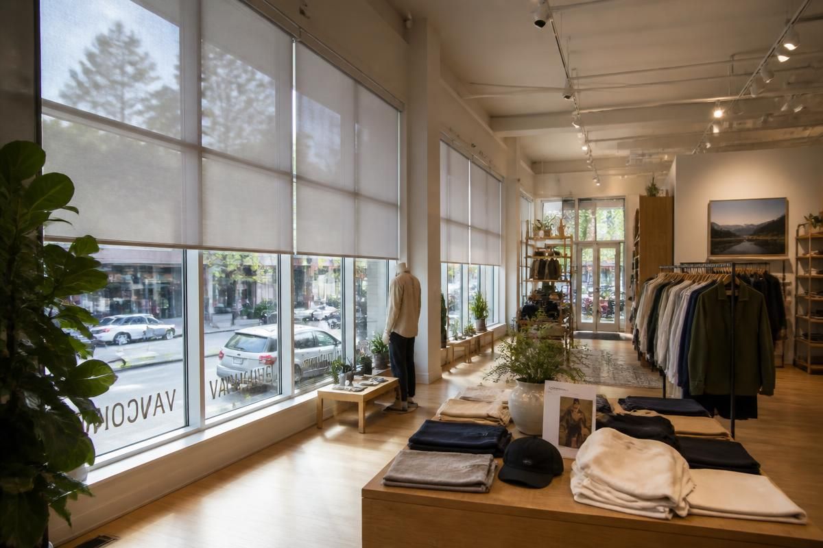 Solar roller shades on the storefront windows of a Vancouver retail store