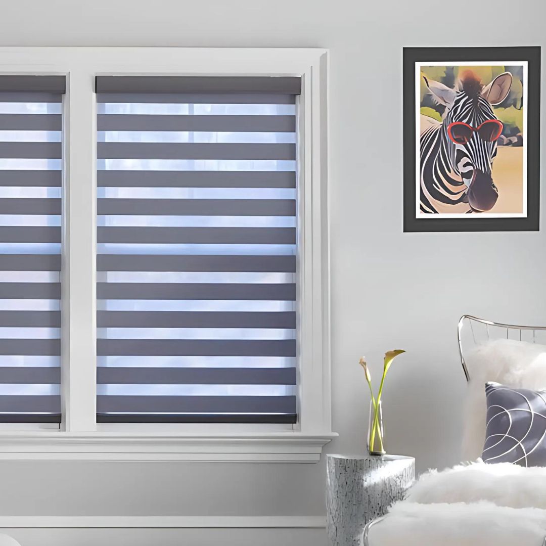 Zebra Blinds Vancouver — dual-layer shades in a modern bedroom