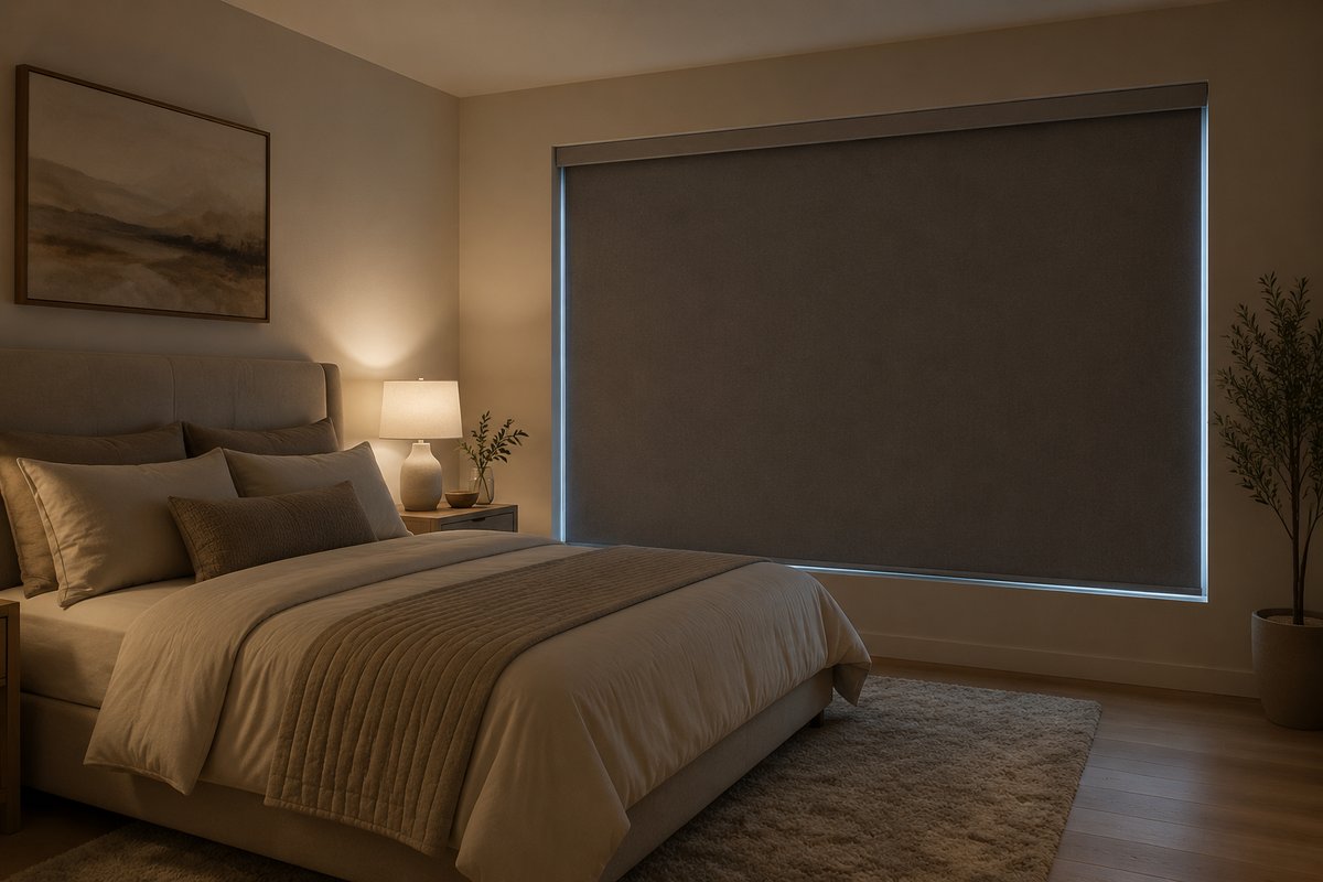 Blackout roller shade in a bedroom