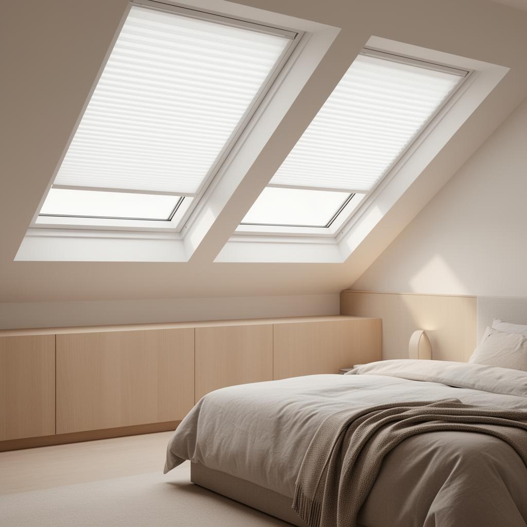 Skylight Shades Vancouver — pleated skylight blinds in a bright modern attic room