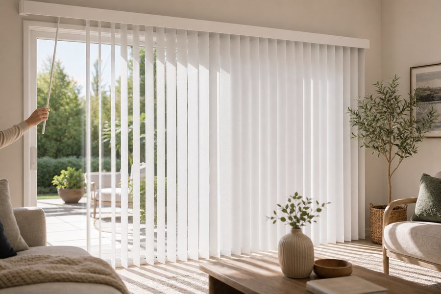 Vertical Blinds Vancouver — tall vertical fabric panels in a bright modern living room