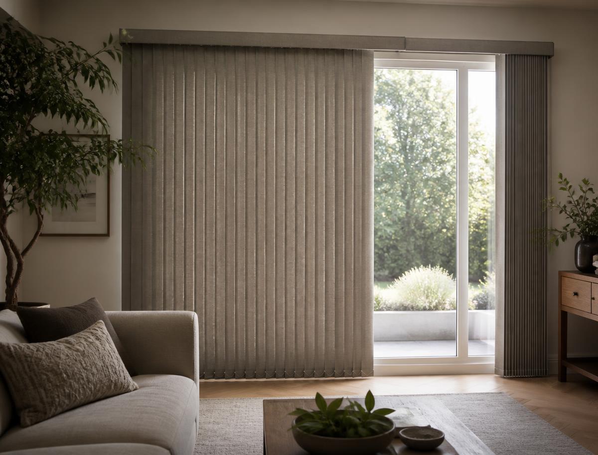 Greige fabric vertical blinds in a Vancouver living room with a wide window