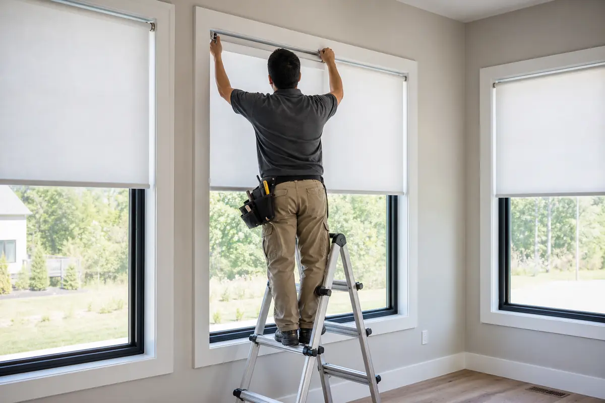 Professional Blinds Installation Vancouver — certified installer fitting roller shades in a modern home